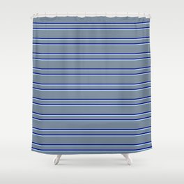 [ Thumbnail: Light Slate Gray, Dark Blue, and Light Blue Colored Stripes/Lines Pattern Shower Curtain ]