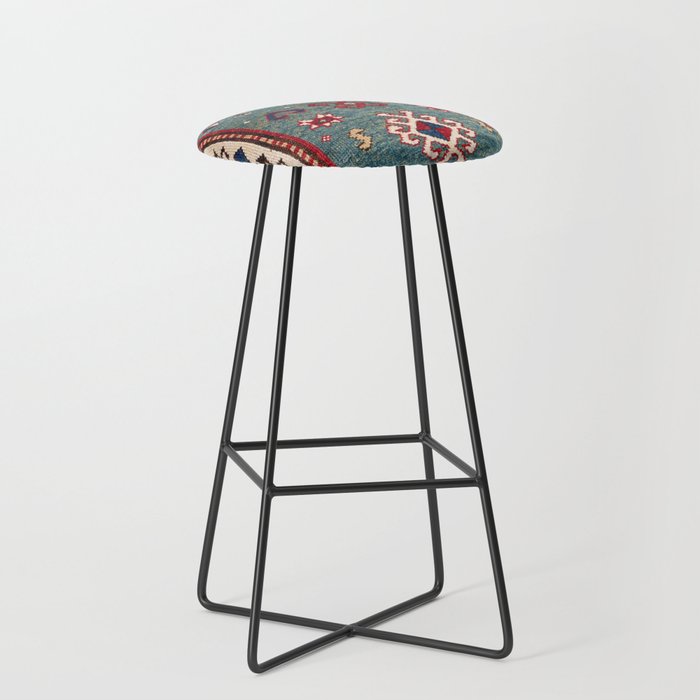 Chevron Stars // 19th Century Colorful Steel Blue Light Green Teal Checkered Ornate Accent Pattern Bar Stool