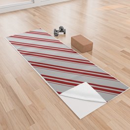 [ Thumbnail: Grey and Dark Red Colored Lined Pattern Yoga Towel ]