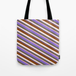 [ Thumbnail: Beige, Purple, Dim Grey, and Brown Colored Striped/Lined Pattern Tote Bag ]