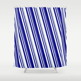 [ Thumbnail: Dark Blue and Mint Cream Colored Striped Pattern Shower Curtain ]