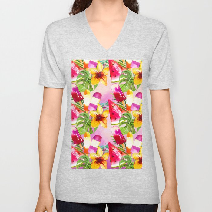 Hand Painted Pink Lilac Yellow Watercolor Summer Fruity Floral V Neck T Shirt