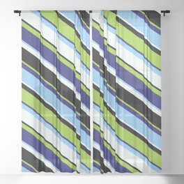 [ Thumbnail: Colorful Green, Midnight Blue, Light Sky Blue, Mint Cream, and Black Colored Lined/Striped Pattern Sheer Curtain ]