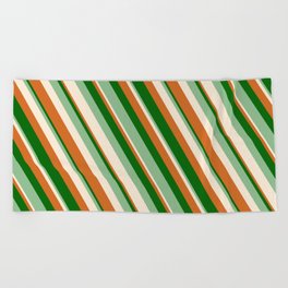 [ Thumbnail: Chocolate, Dark Green, Dark Sea Green & Beige Colored Lines Pattern Beach Towel ]