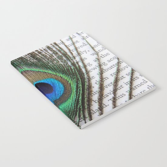 Peacock Feather on Old Paper Notebook