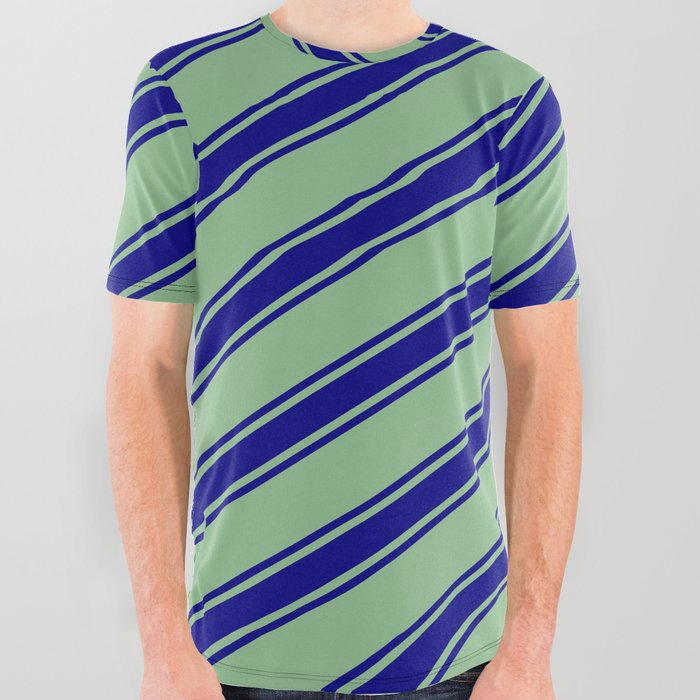 Dark Sea Green and Blue Colored Lined/Striped Pattern All Over Graphic Tee