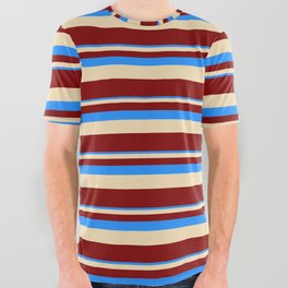 [ Thumbnail: Blue, Tan, and Maroon Colored Lined Pattern All Over Graphic Tee ]