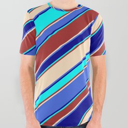 [ Thumbnail: Eye-catching Brown, Bisque, Royal Blue, Dark Blue & Cyan Colored Lined/Striped Pattern All Over Graphic Tee ]