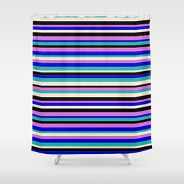 [ Thumbnail: Vibrant Orchid, Blue, Light Sea Green, Beige, and Black Colored Lines Pattern Shower Curtain ]