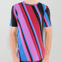 [ Thumbnail: Crimson, Violet, Blue & Black Colored Lines/Stripes Pattern All Over Graphic Tee ]