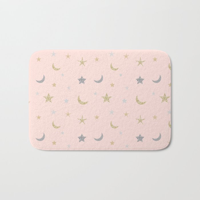 Gold and silver moon and star pattern on pink background Bath Mat