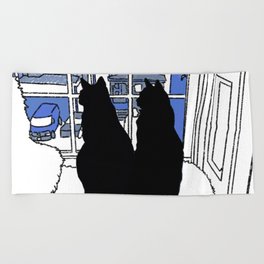 Window Cats At Dusk Silhouette Blue Beach Towel