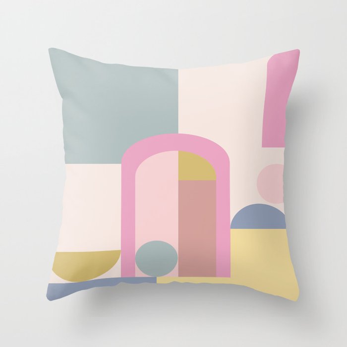 Modern Pastel Architecture Shapes in Pink, Yellow, and Blue Throw Pillow