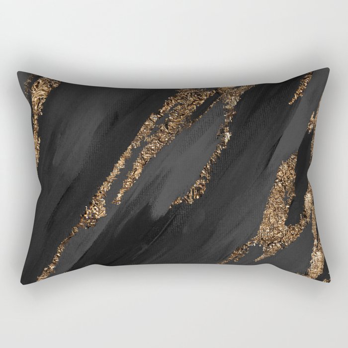 Black Paint Brushstrokes Gold Foil Abstract Texture Rectangular Pillow