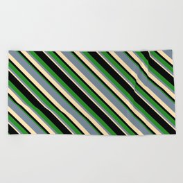 [ Thumbnail: Light Slate Gray, Beige, Black, and Forest Green Colored Lined Pattern Beach Towel ]