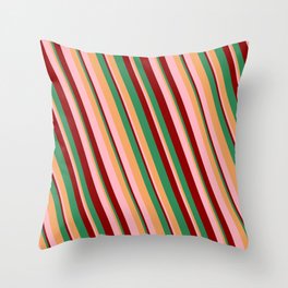 [ Thumbnail: Brown, Light Pink, Dark Red, and Sea Green Colored Lines/Stripes Pattern Throw Pillow ]