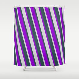 [ Thumbnail: Dark Violet, Light Grey, and Dark Slate Gray Colored Striped/Lined Pattern Shower Curtain ]