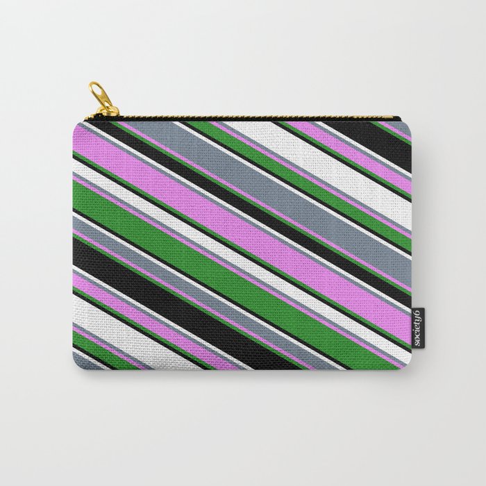 Vibrant Slate Gray, Violet, Forest Green, Black, and White Colored Stripes Pattern Carry-All Pouch