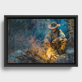 Tycho art, American frontiersman lighting a fire in the wilderness Framed Canvas