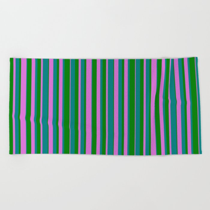 Green, Orchid, and Teal Colored Lines Pattern Beach Towel