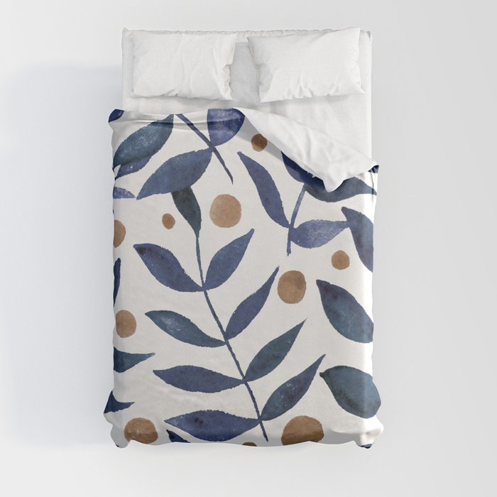 Watercolor berries and branches - indigo and beige Duvet Cover