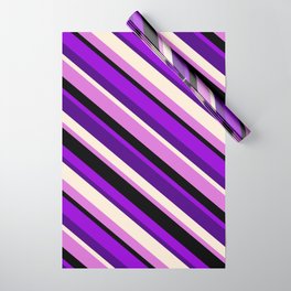 [ Thumbnail: Dark Violet, Indigo, Beige, Orchid, and Black Colored Pattern of Stripes Wrapping Paper ]