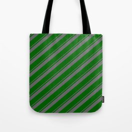 [ Thumbnail: Dim Grey & Dark Green Colored Lined Pattern Tote Bag ]