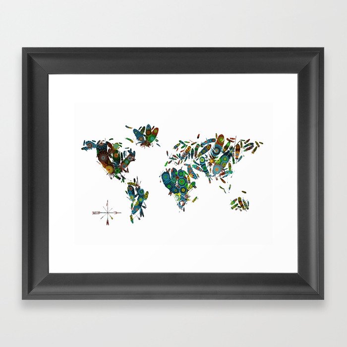 world map feathers mandala 2 Framed Art Print
