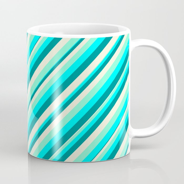 Aquamarine, Cyan, Dark Cyan, and Beige Colored Lined/Striped Pattern Coffee Mug