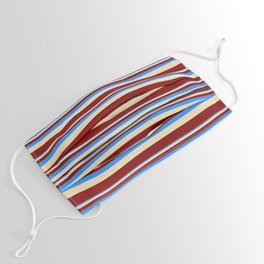 [ Thumbnail: Blue, Tan, and Maroon Colored Lined Pattern Face Mask ]