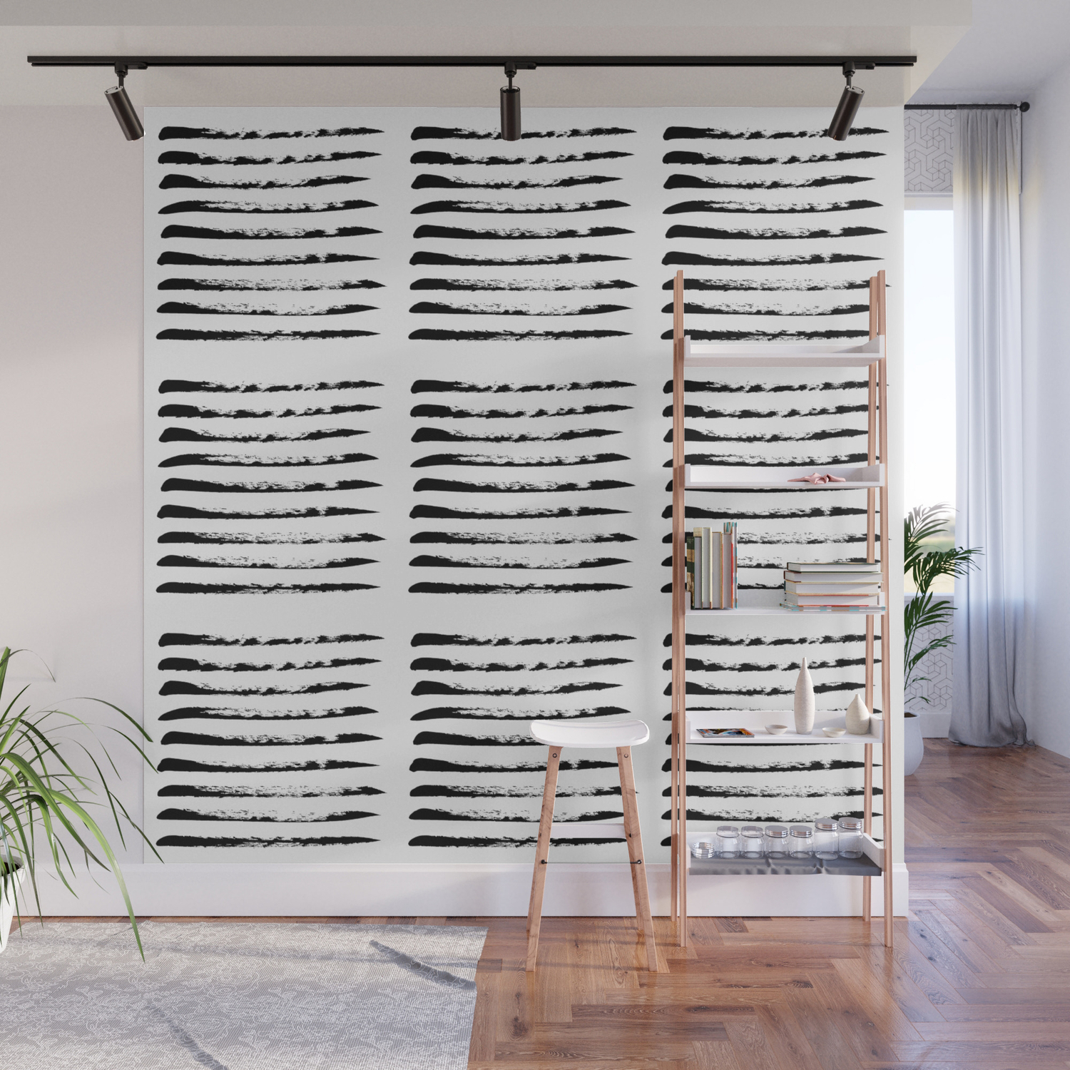 Black Squared Stripes Hand Painted Rough Texture Wall Mural By