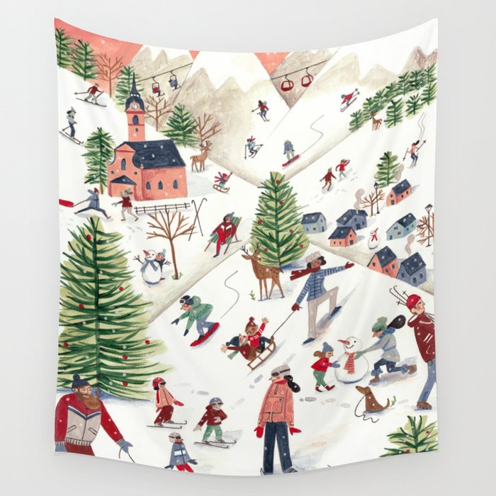 Skiing in snow mountains Wall Tapestry