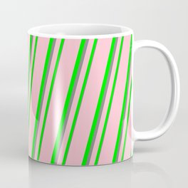 [ Thumbnail: Pink, Lime & Grey Colored Lined Pattern Coffee Mug ]