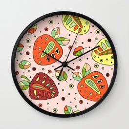 Seamless hand drawn childish pattern with fruits. Cute childlike strawberries with leaves Wall Clock