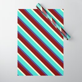 [ Thumbnail: Light Yellow, Turquoise, Dark Slate Blue, and Maroon Colored Stripes Pattern Wrapping Paper ]