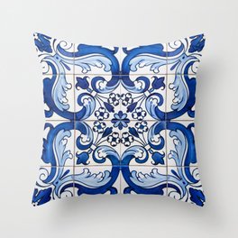 Blue Azulejo Tile Portuguese Mosaic Pattern Throw Pillow