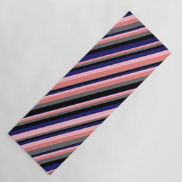 [ Thumbnail: Eye-catching Pink, Light Coral, Dim Grey, Black, and Midnight Blue Colored Stripes Pattern Yoga Mat ]