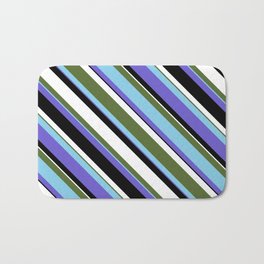 [ Thumbnail: Dark Olive Green, Sky Blue, Slate Blue, Black, and White Colored Lined Pattern Bath Mat ]