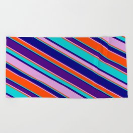 [ Thumbnail: Eyecatching Dark Turquoise, Blue, Indigo, Plum, and Red Colored Lined/Striped Pattern Beach Towel ]