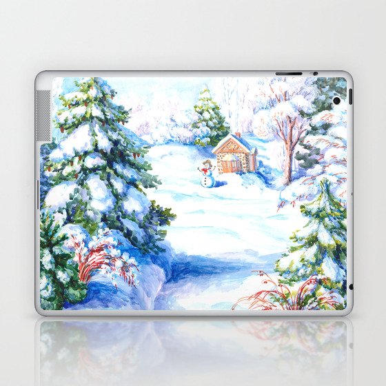 Sunny winter day Christmas tree holiday snowman fairy tale Laptop & iPad Skin