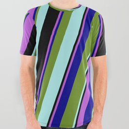 [ Thumbnail: Eyecatching Orchid, Dark Blue, Green, Turquoise, and Black Colored Stripes/Lines Pattern All Over Graphic Tee ]