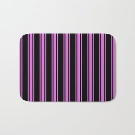 [ Thumbnail: Black and Orchid Colored Pattern of Stripes Bath Mat ]