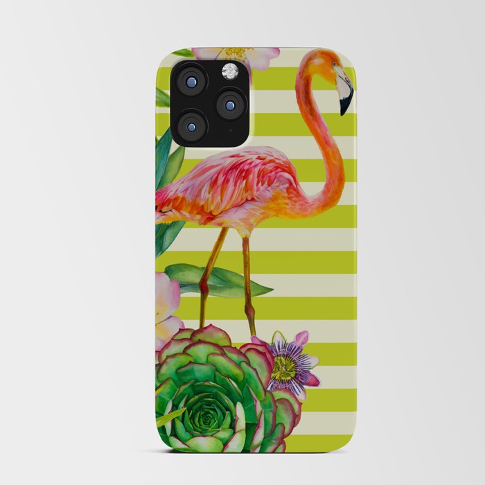 seamless pattern with pink flamingo and exotic tropical plants on a striped background iPhone Card Case