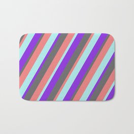 [ Thumbnail: Dim Gray, Light Coral, Turquoise & Purple Colored Lines Pattern Bath Mat ]