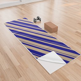 [ Thumbnail: Tan & Dark Blue Colored Stripes/Lines Pattern Yoga Towel ]