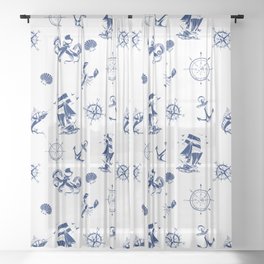 Blue Silhouettes Of Vintage Nautical Pattern Sheer Curtain