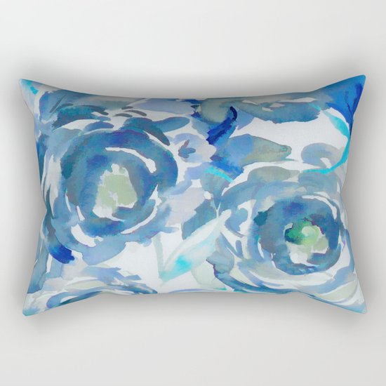 Sky Blue Painterly Floral Abstract Rectangular Pillow