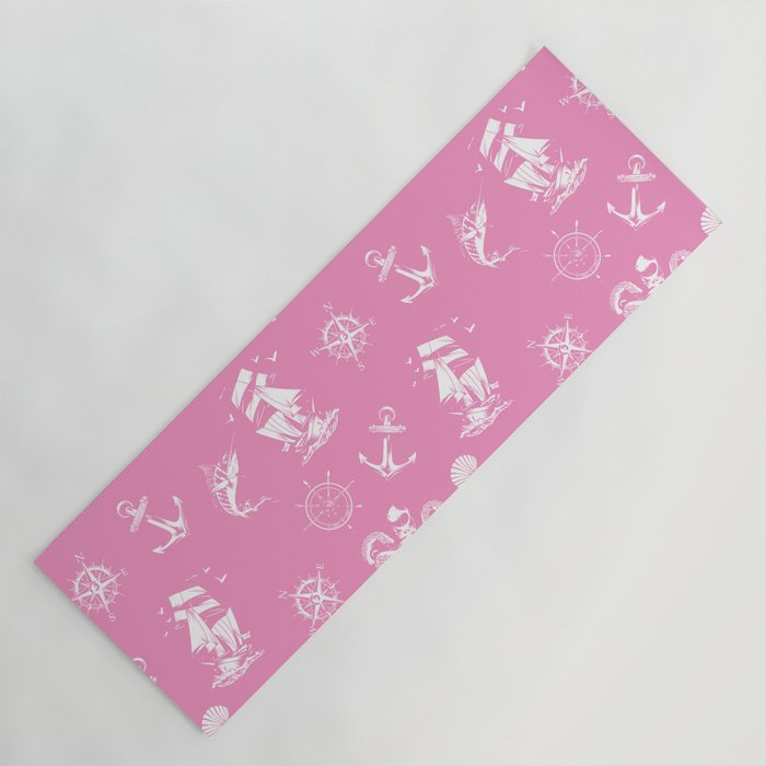 Pink And White Silhouettes Of Vintage Nautical Pattern Yoga Mat