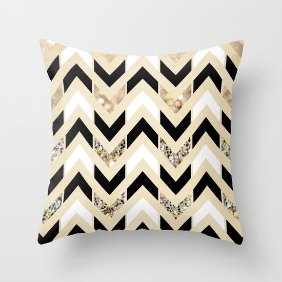 Black, White & Gold Glitter Herringbone Chevron on Nude Cream Throw Pillow