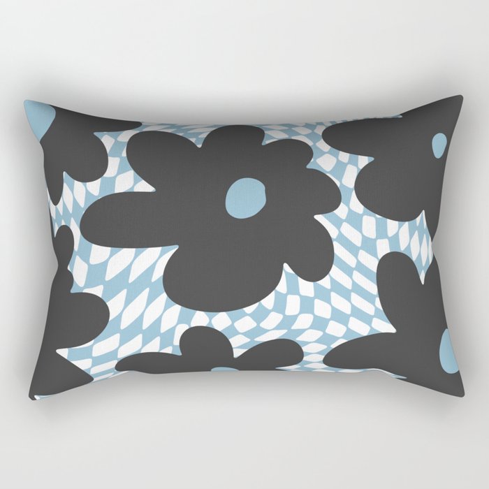  Retro Flowers on Warped Checkerboard \\ DARK GREY AND PASTEL BLUE COLOR PALETTE Rectangular Pillow